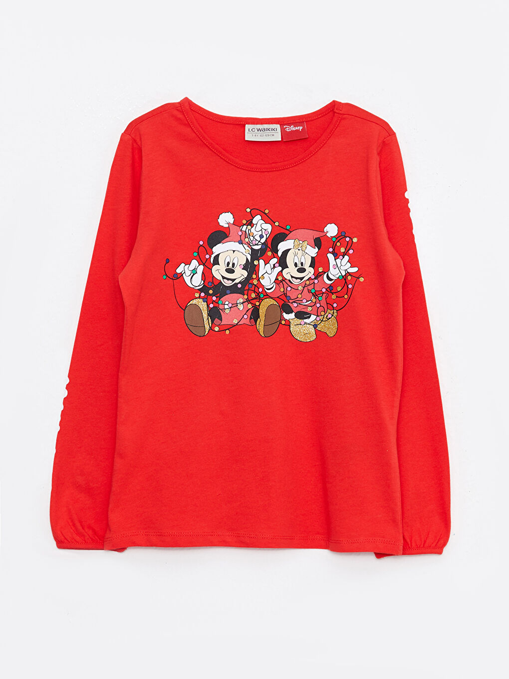 Kırmızı Bisiklet Yaka Minnie ve Mickey Mouse Baskılı Yılbaşı Temalı Uzun Kollu Kız Çocuk Tişört