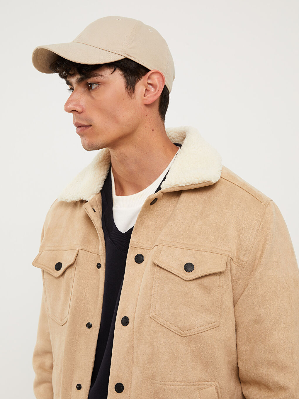 Bej Slim Fit Kürk Yaka Süet Erkek Mont-1