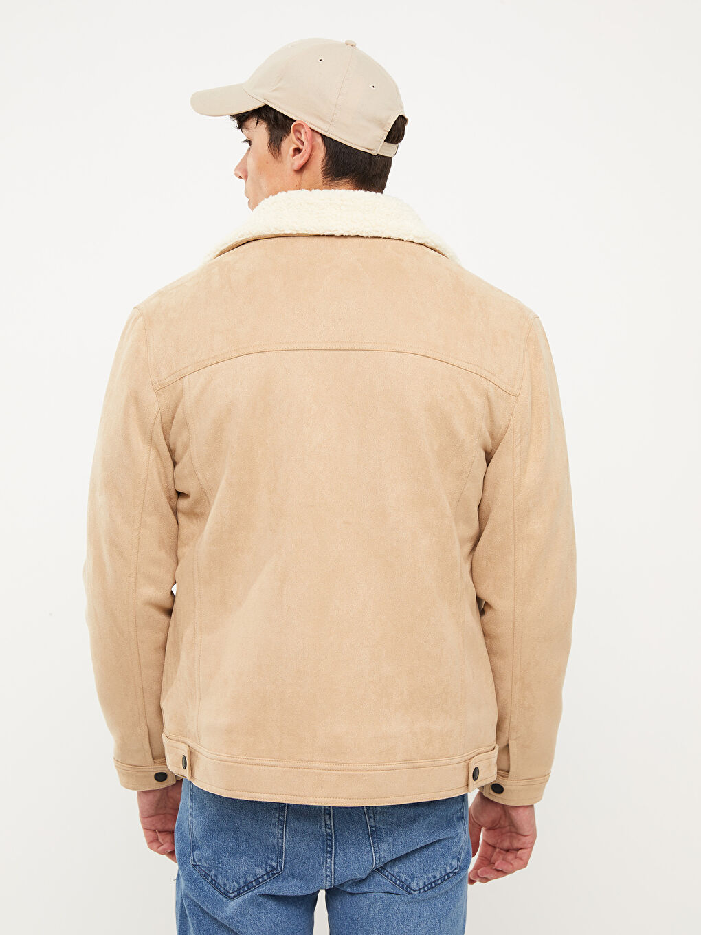 Bej Slim Fit Kürk Yaka Süet Erkek Mont-5