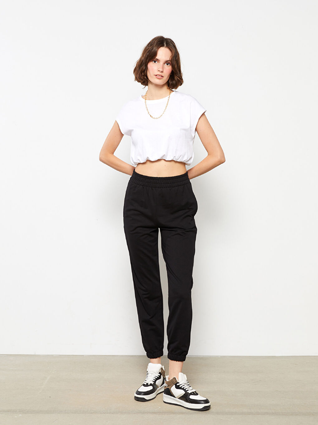 Siyah Kadın Beli Lastikli Düz Jogger Eşofman Altı