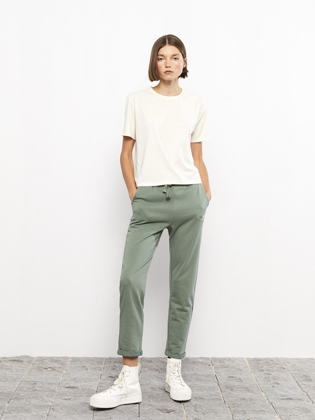 Yeşil Kadın Beli Lastikli Düz Eşofman Altı