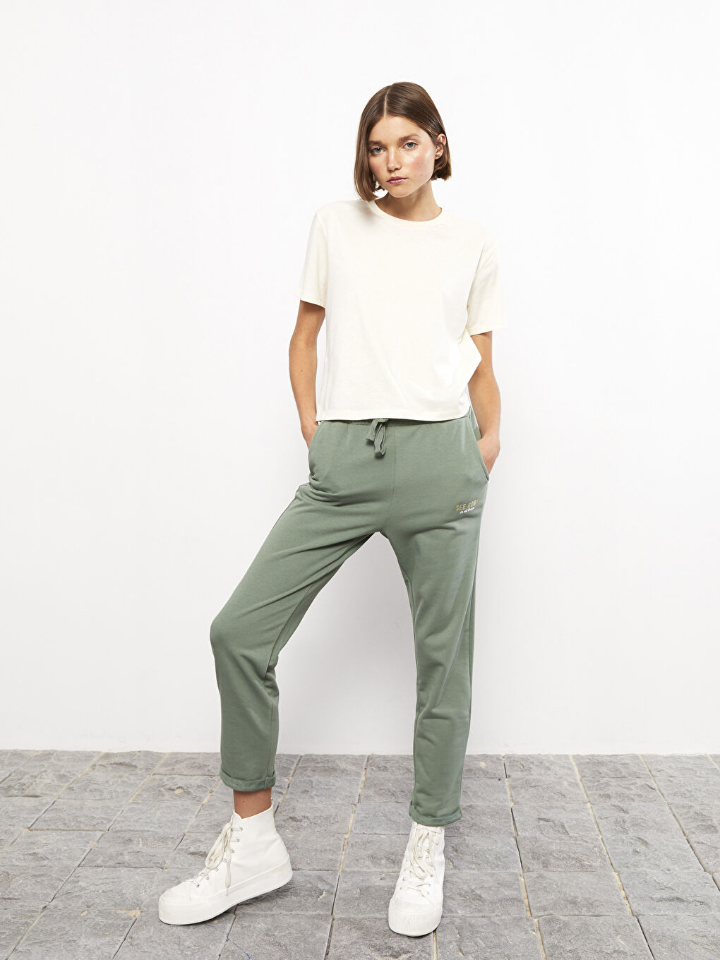 Yeşil Kadın Beli Lastikli Düz Eşofman Altı-1