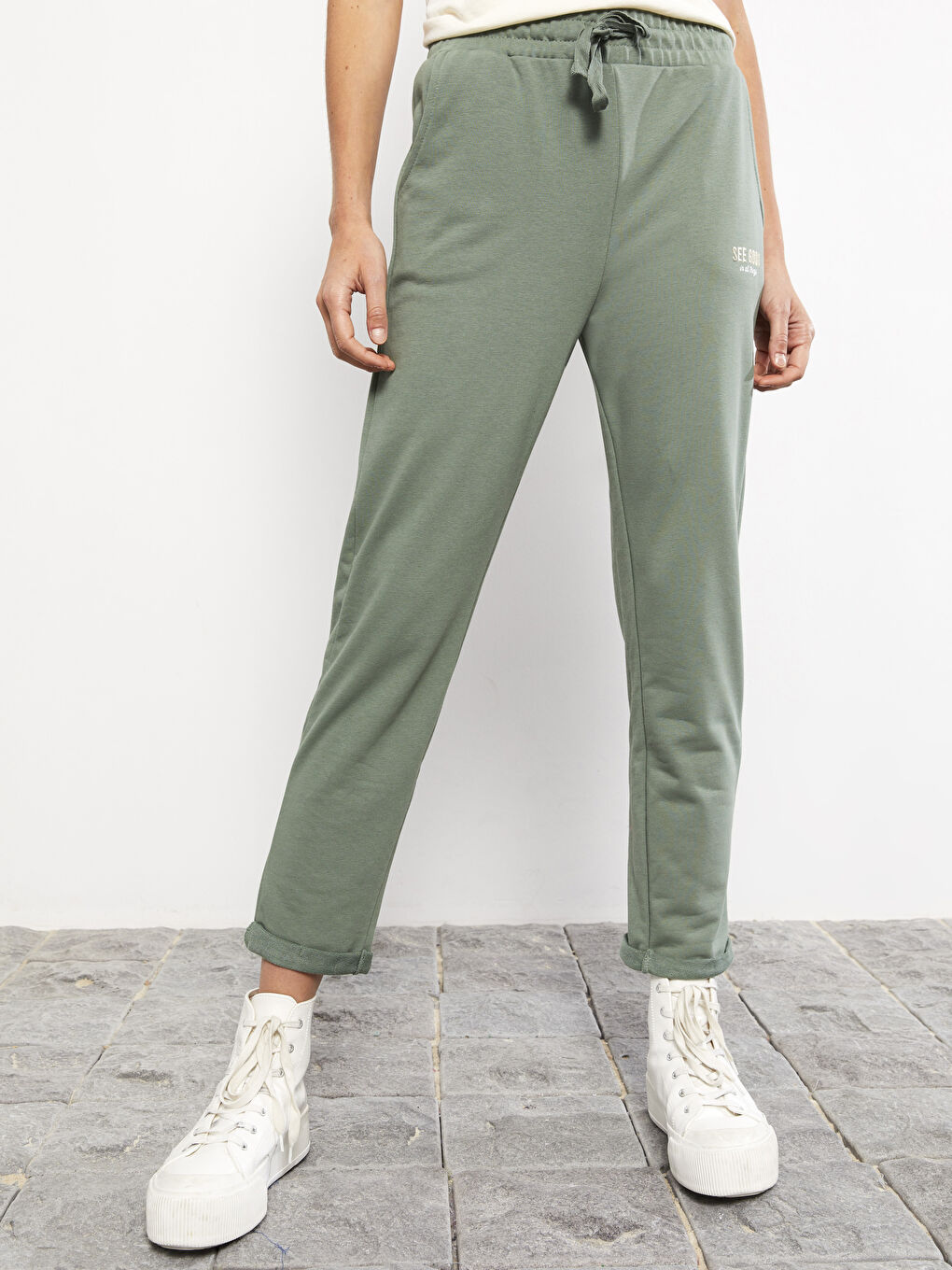 Yeşil Kadın Beli Lastikli Düz Eşofman Altı-2