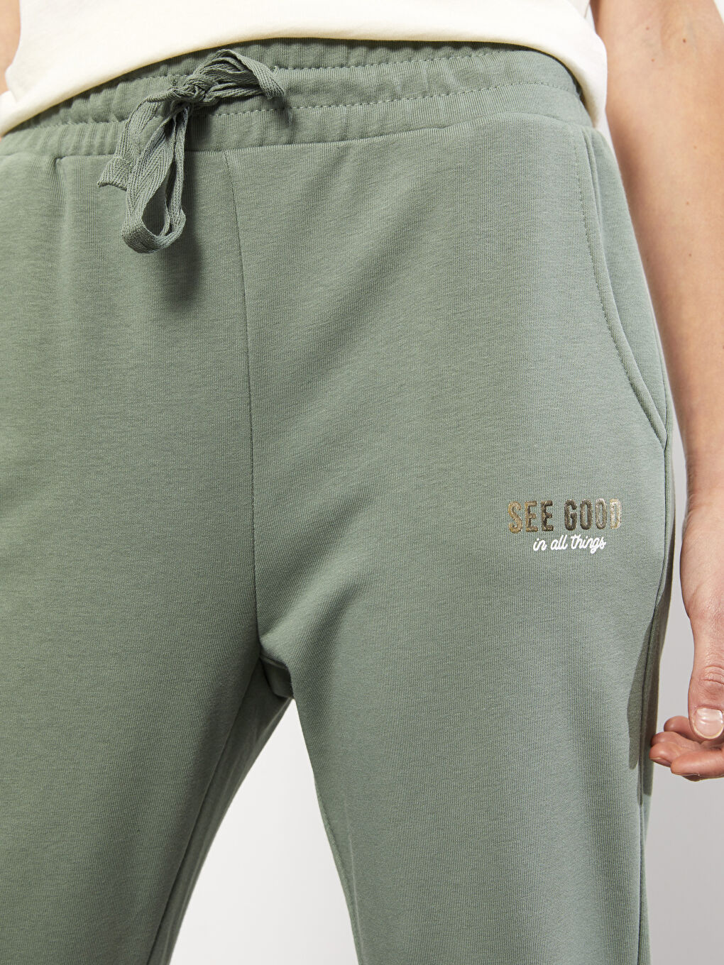 Yeşil Kadın Beli Lastikli Düz Eşofman Altı-3