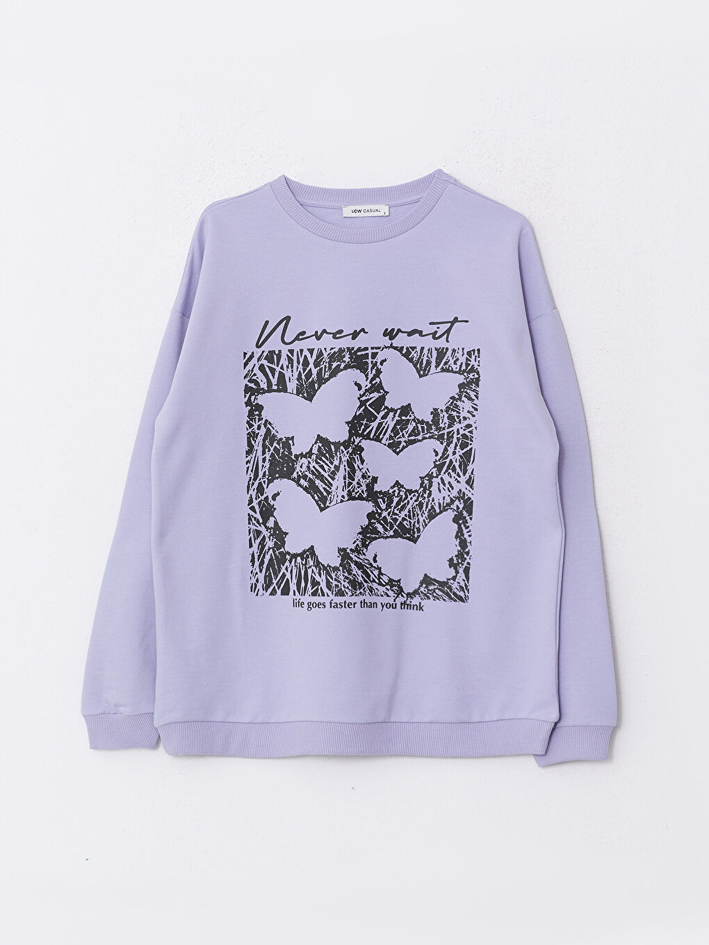 Lila Bisiklet Yaka Baskılı Uzun Kollu Kadın Sweatshirt-5