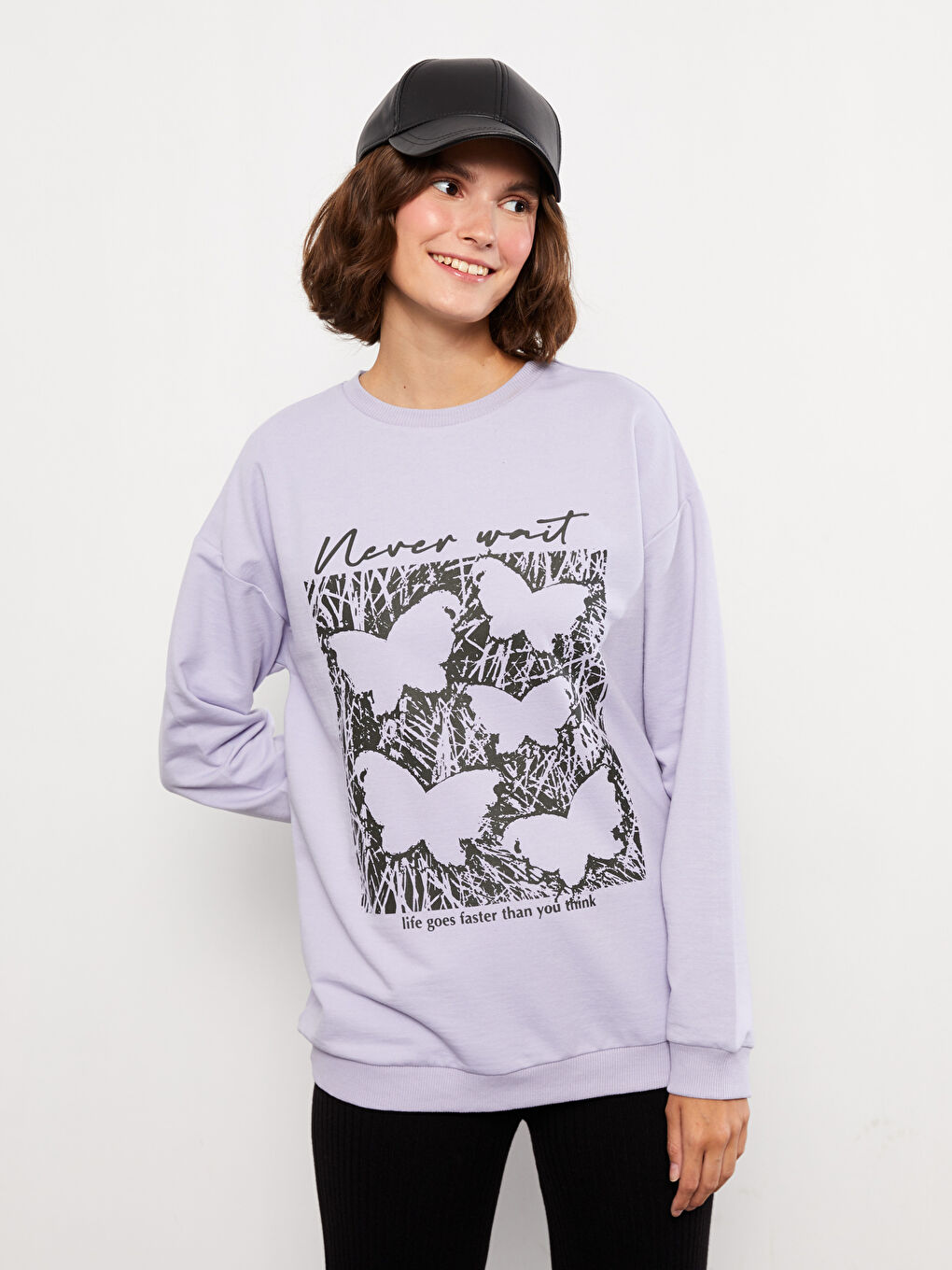 Lila Bisiklet Yaka Baskılı Uzun Kollu Kadın Sweatshirt-1
