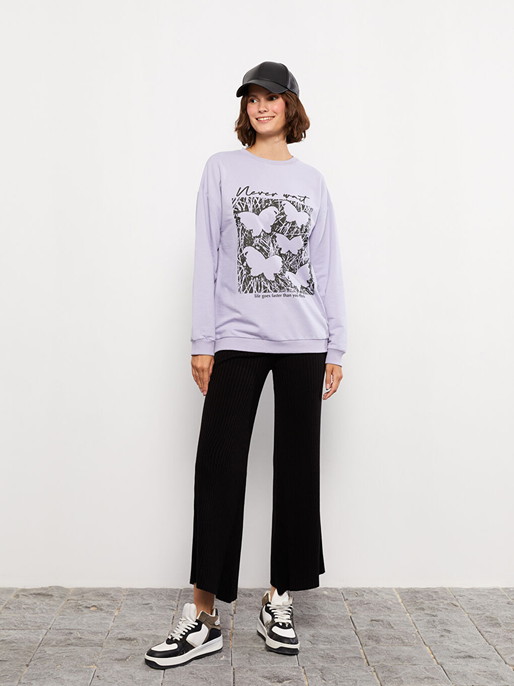 Lila Bisiklet Yaka Baskılı Uzun Kollu Kadın Sweatshirt-2