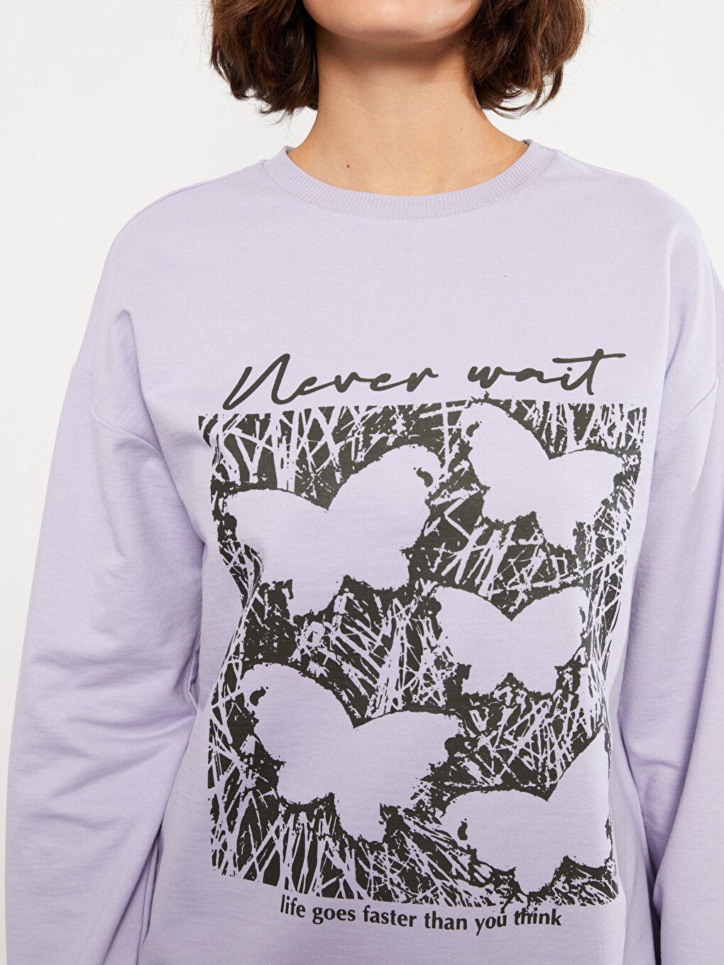 Lila Bisiklet Yaka Baskılı Uzun Kollu Kadın Sweatshirt-3