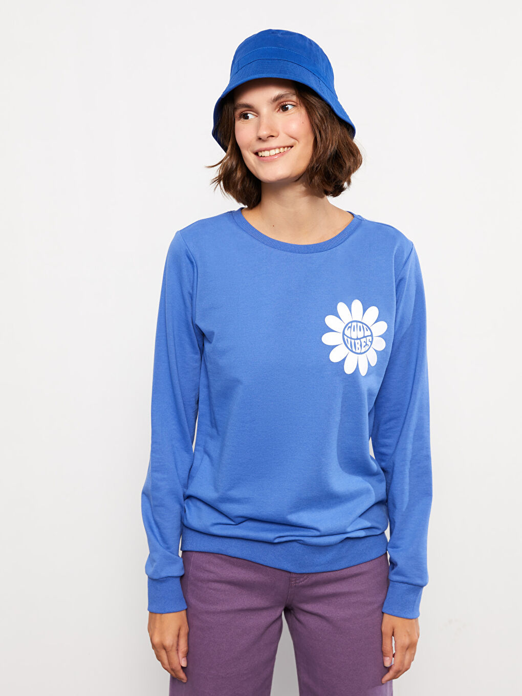 Mavi Bisiklet Yaka Baskılı Uzun Kollu Kadın Sweatshirt-1