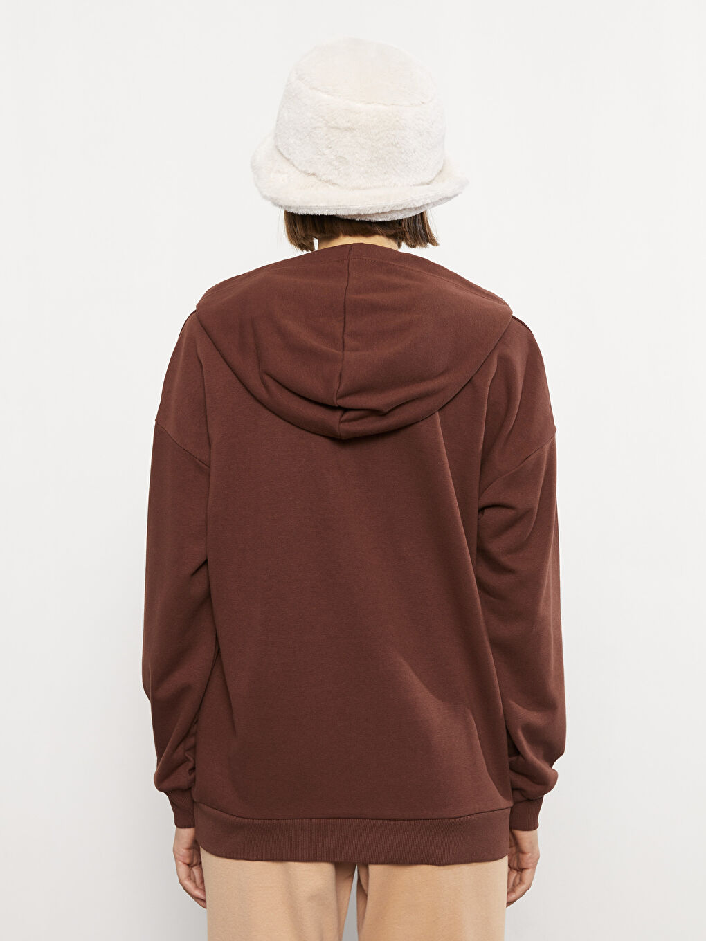 Kahverengi Kapüşonlu Baskılı Uzun Kollu Kadın Sweatshirt-4