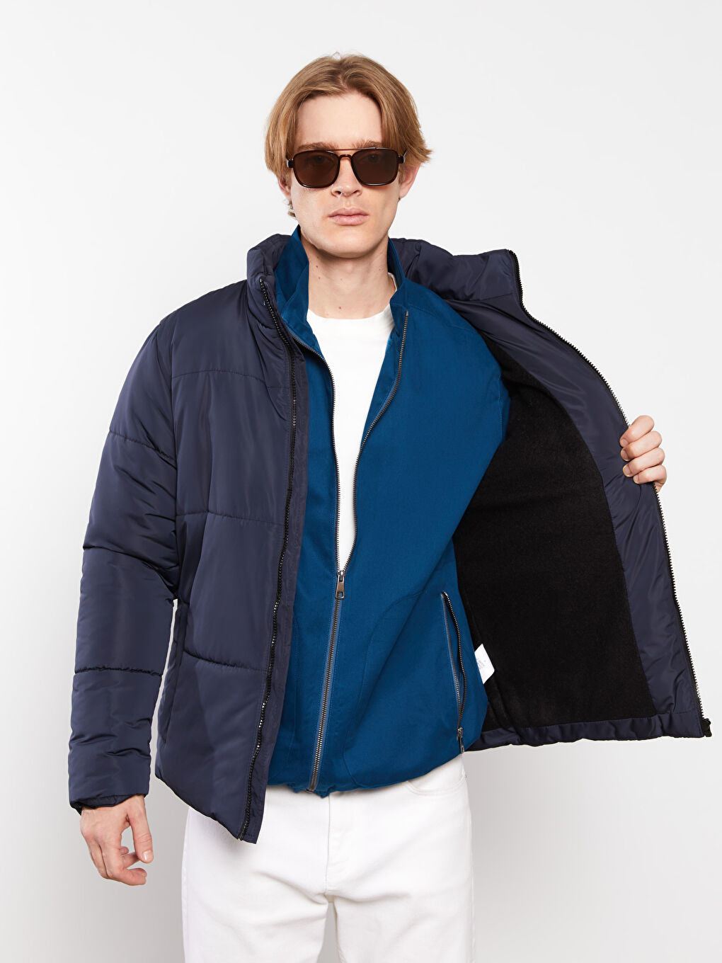 Lacivert Standart Kalıp Dik Yaka Erkek Şişme Mont-2