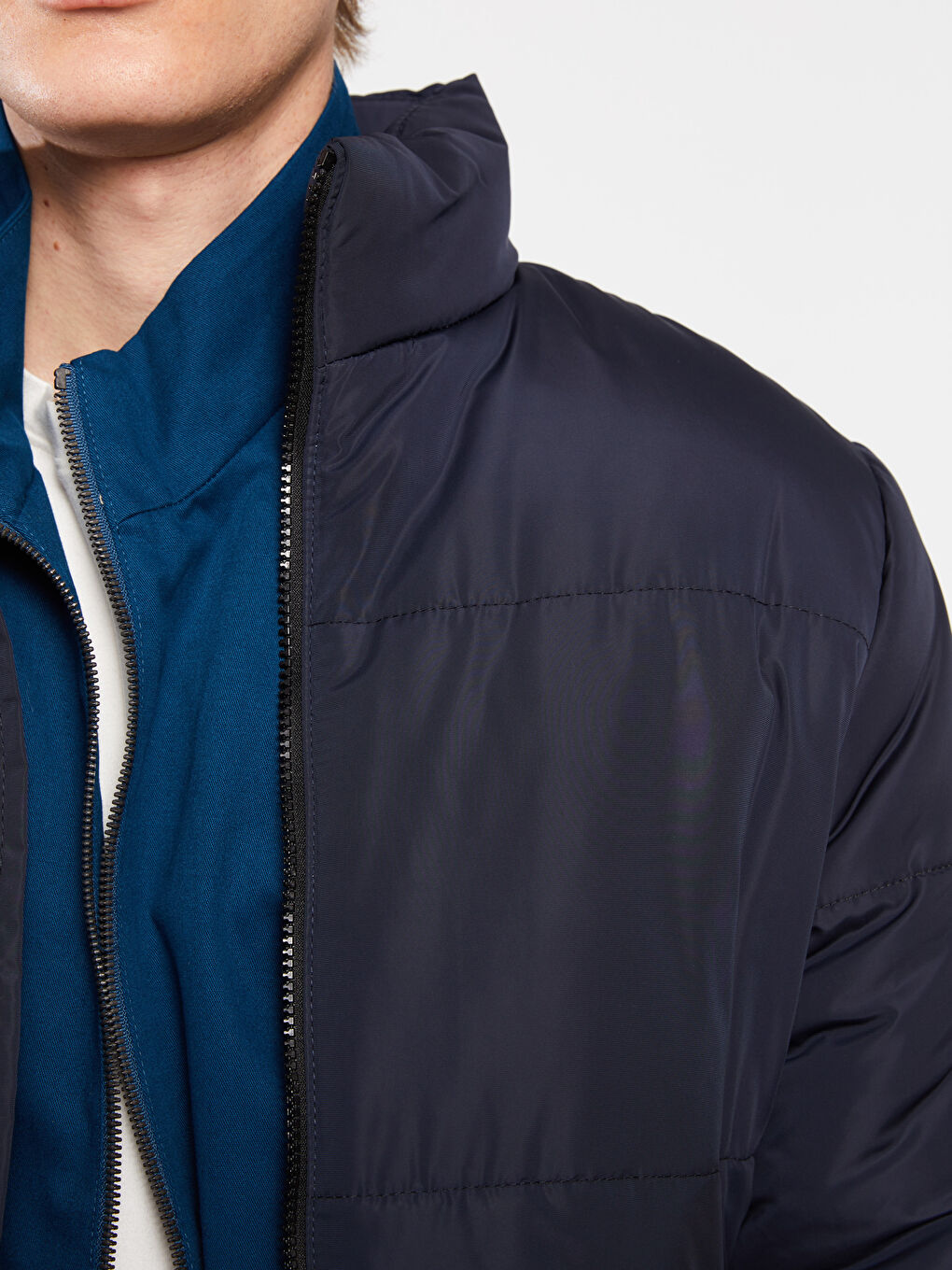 Lacivert Standart Kalıp Dik Yaka Erkek Şişme Mont-4