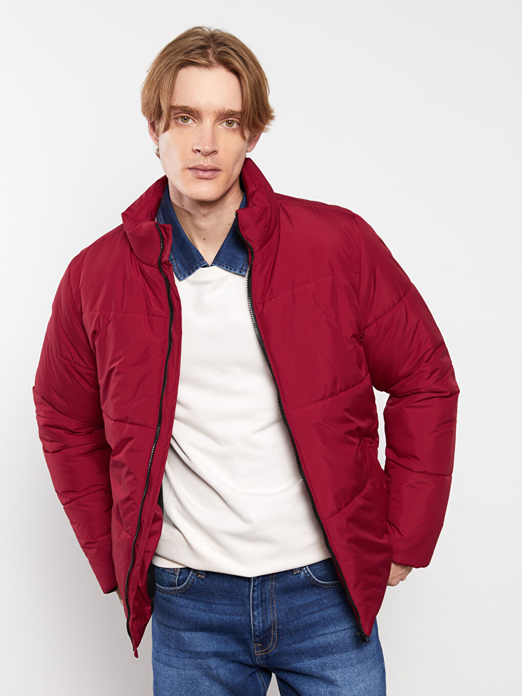 Kırmızı Standart Kalıp Dik Yaka Erkek Şişme Mont