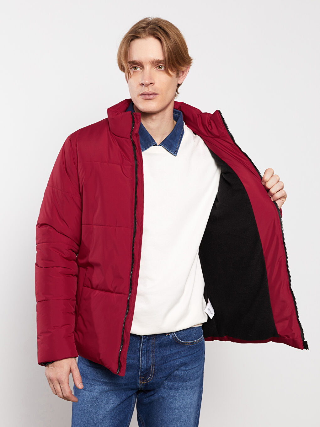 Kırmızı Standart Kalıp Dik Yaka Erkek Şişme Mont-1