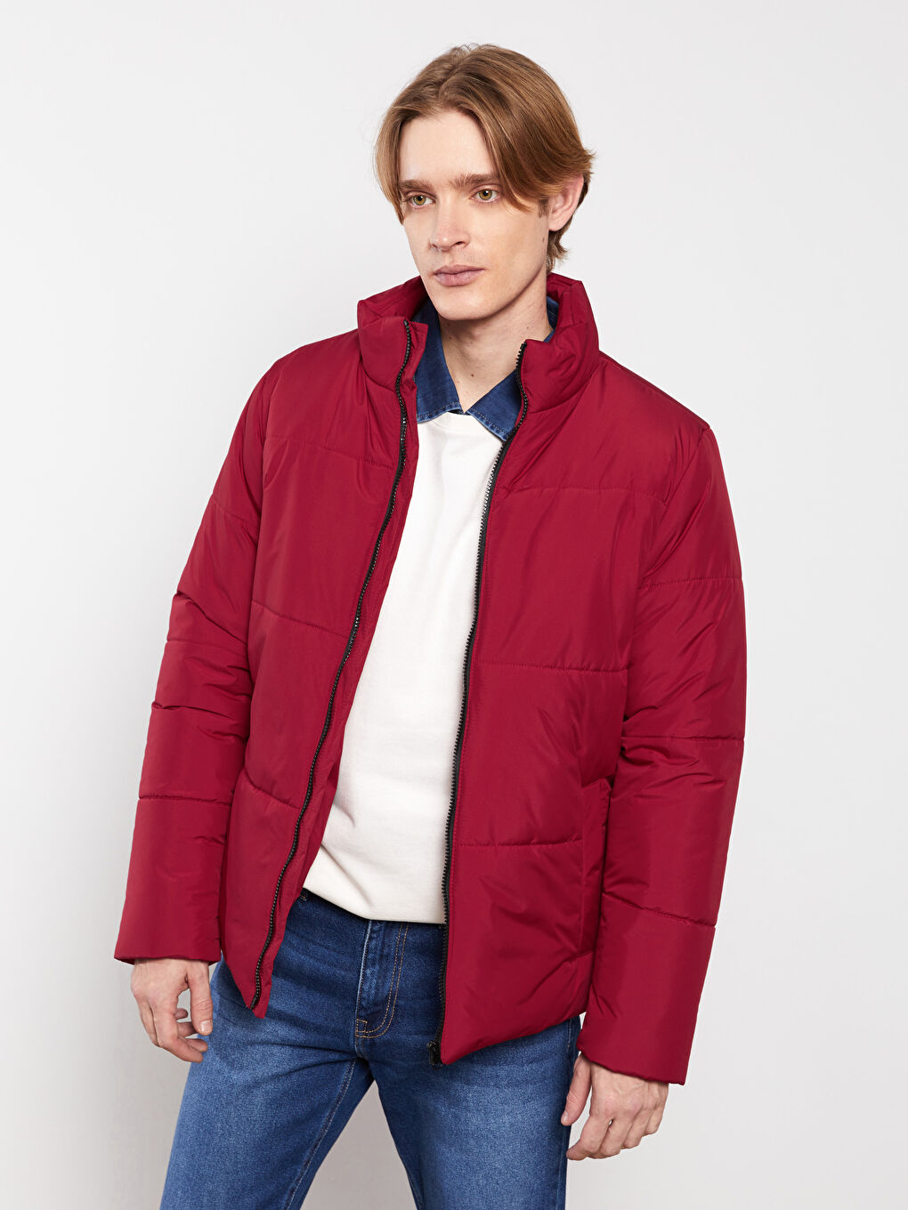 Kırmızı Standart Kalıp Dik Yaka Erkek Şişme Mont-2