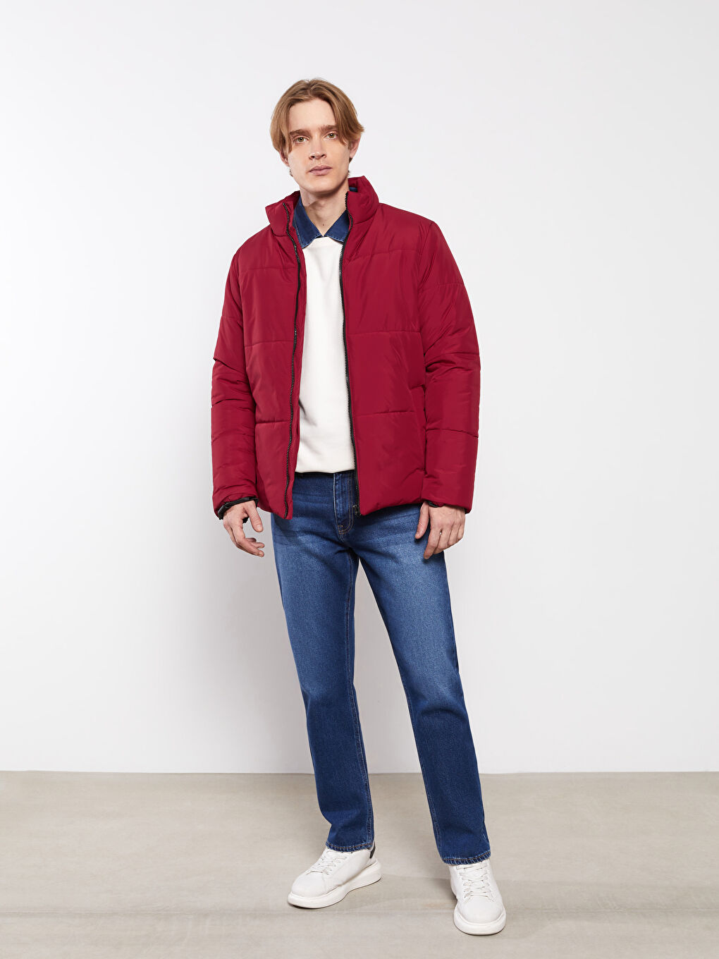 Kırmızı Standart Kalıp Dik Yaka Erkek Şişme Mont-3