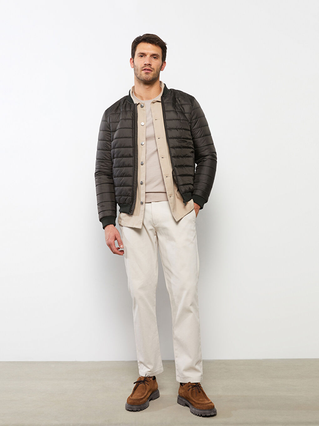 Haki Standart Kalıp Kolej Yaka Erkek Şişme Mont-1