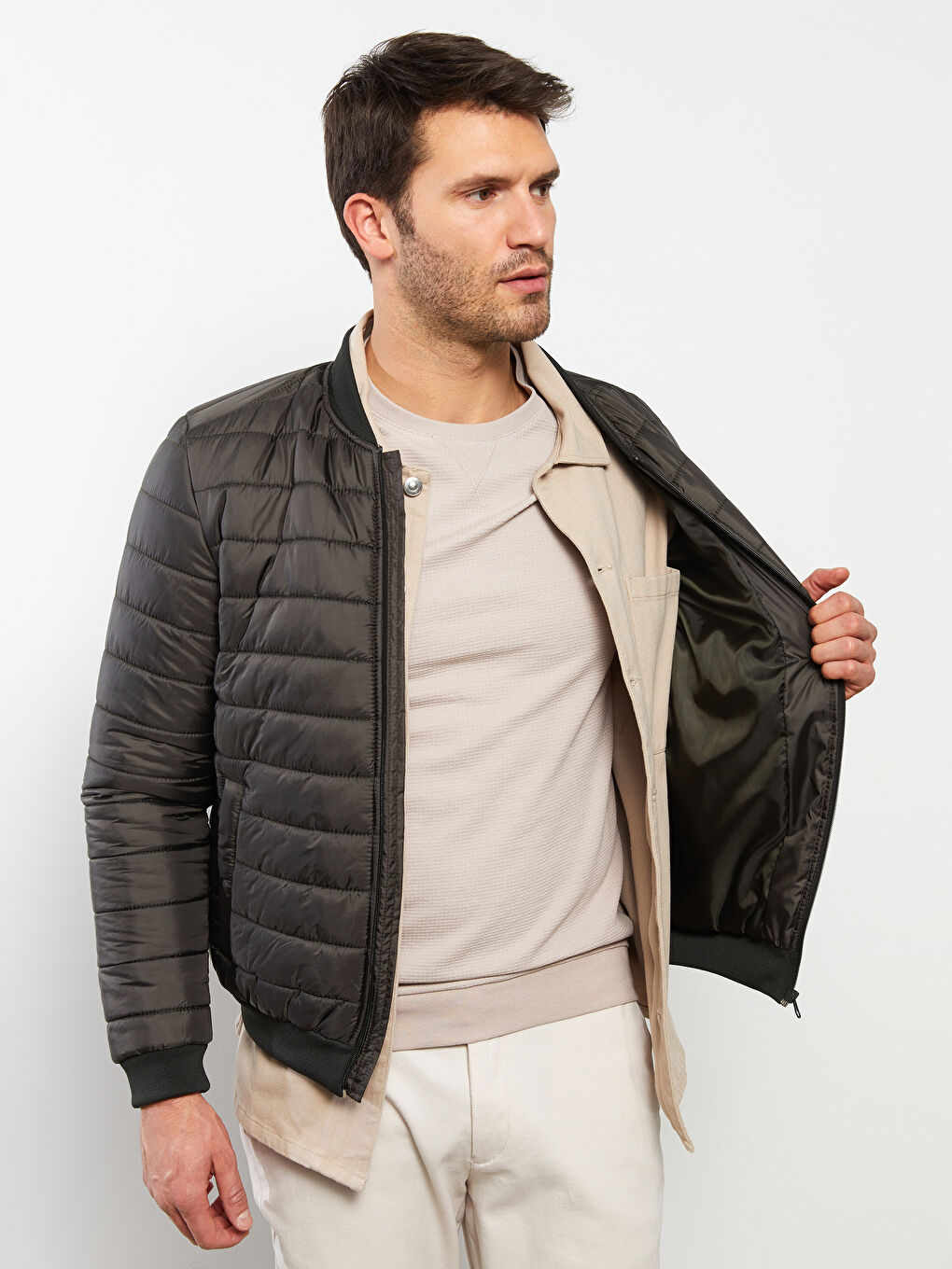 Haki Standart Kalıp Kolej Yaka Erkek Şişme Mont-2