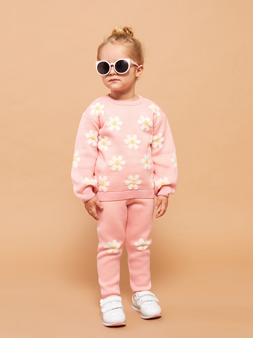 Pembe Bisiklet Yaka Uzun Kollu Desenli Kız Bebek Triko Kazak ve Pantolon 2'li Takım-3