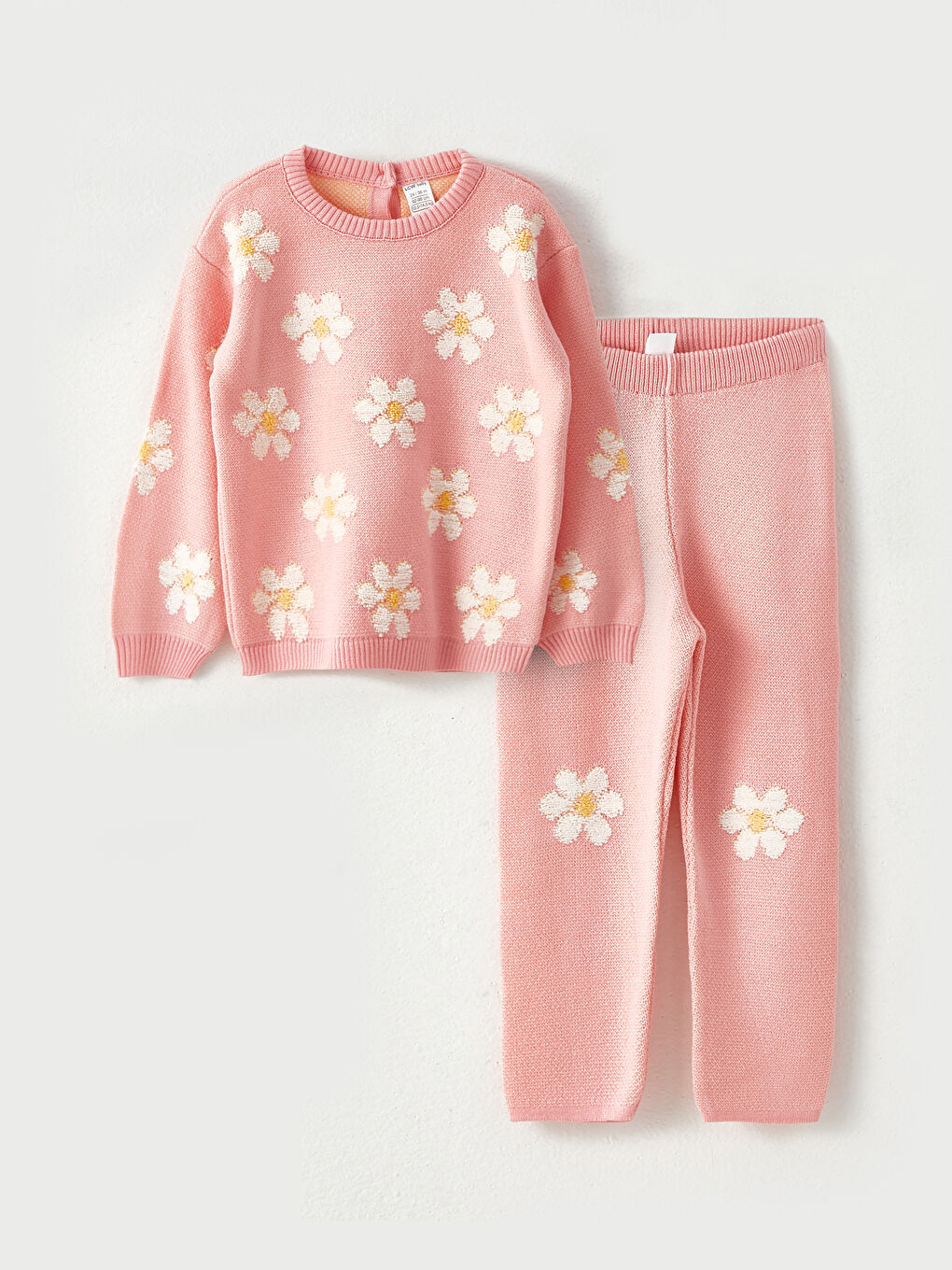 Pembe Bisiklet Yaka Uzun Kollu Desenli Kız Bebek Triko Kazak ve Pantolon 2'li Takım-4