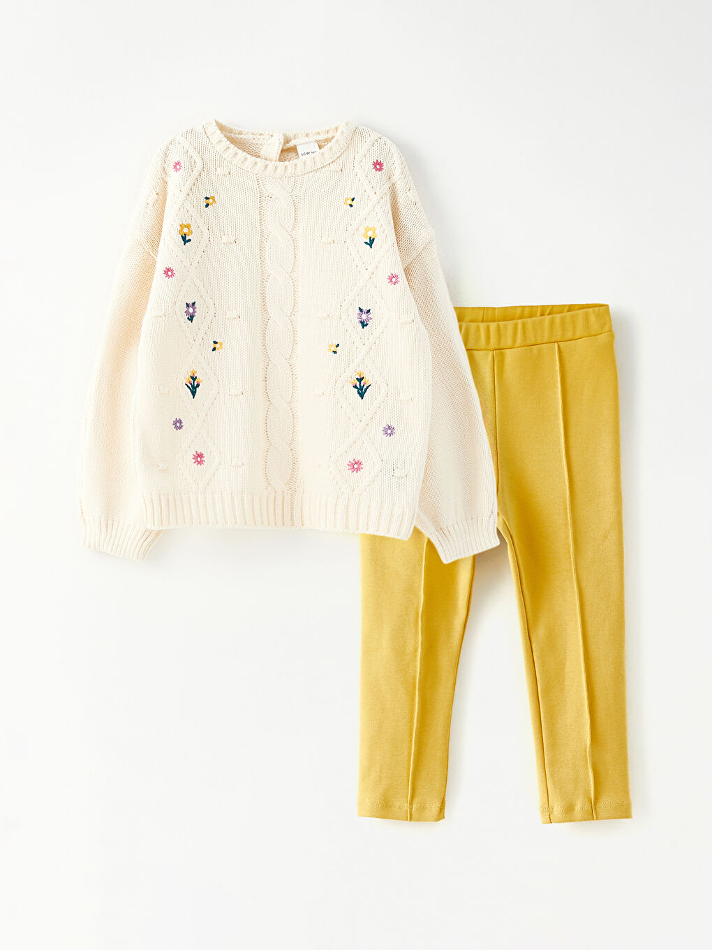 LCW baby Rundhalsausschnitt Langarm Besticktes Baby Mädchen Strickpullover und Strumpfhosen 2er-Pack Set -W26718Z1-FRC