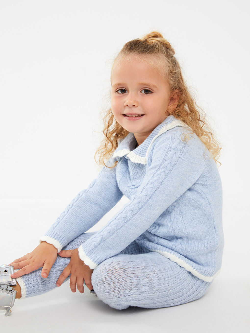 Polo Neck Long Sleeve Self Patterned Baby Girl Tricot Sweater and Tights 2-Pack Set-1