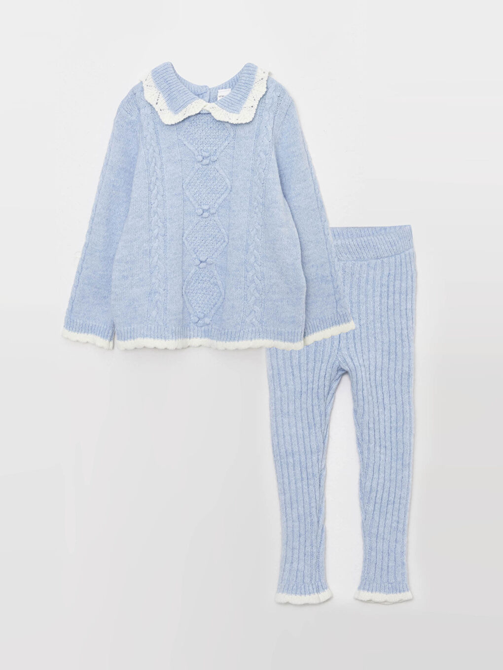 Polo Neck Long Sleeve Self Patterned Baby Girl Tricot Sweater and Tights 2-Pack Set-2