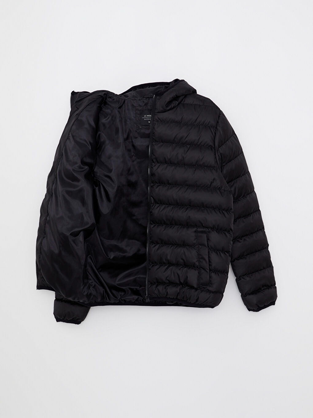 Siyah Standart Kalıp Kapüşonlu Erkek Şişme Mont-9