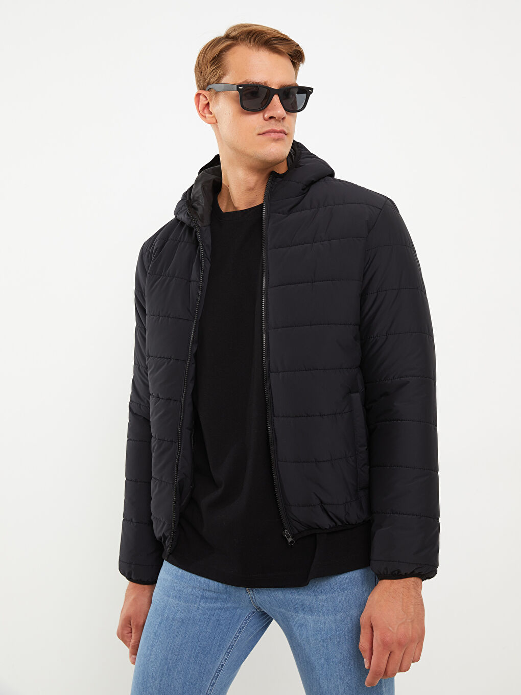 Lacivert Standart Kalıp Kapüşonlu Erkek Şişme Mont