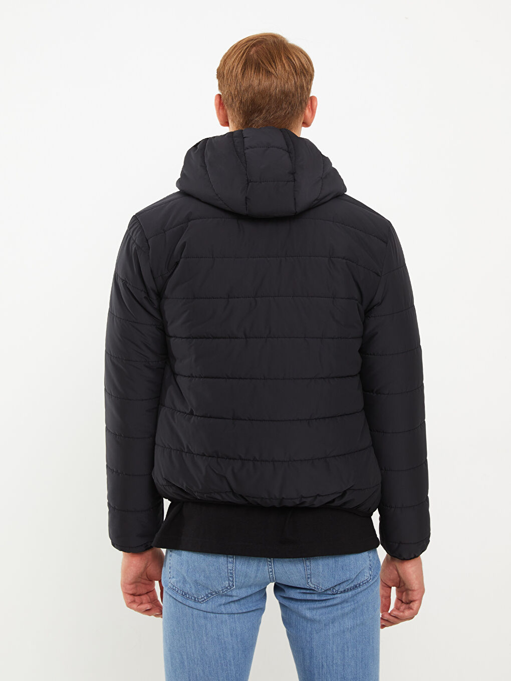 Lacivert Standart Kalıp Kapüşonlu Erkek Şişme Mont-4