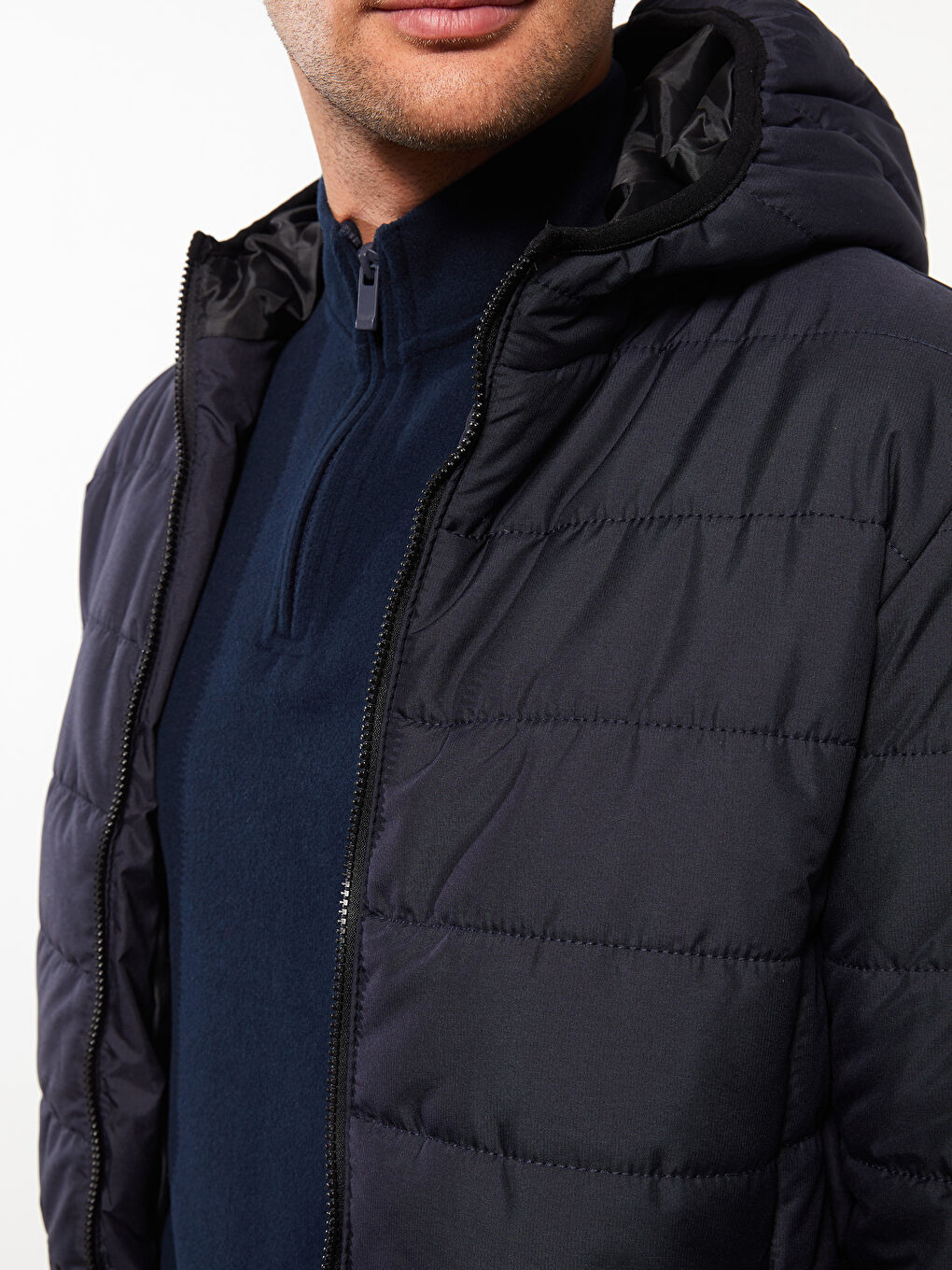 Lacivert Standart Kalıp Kapüşonlu Erkek Şişme Mont-2