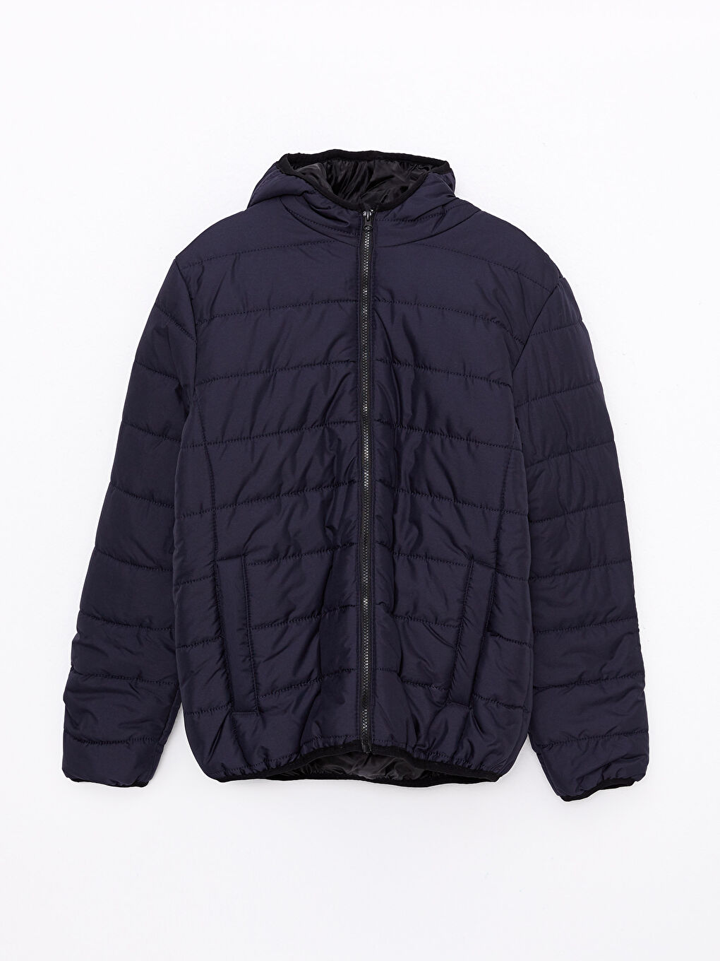 Lacivert Standart Kalıp Kapüşonlu Erkek Şişme Mont-5