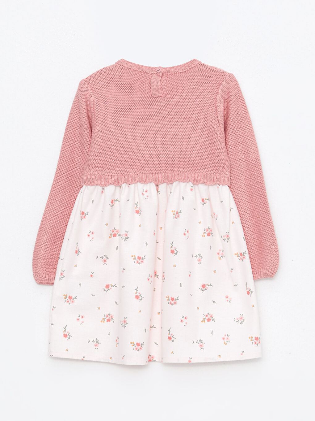 Pembe Bisiklet Yaka Uzun Kollu Pamuklu Kız Bebek Elbise-1