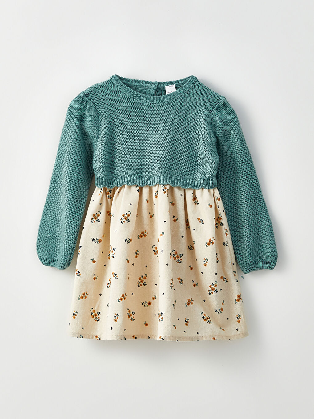 Yeşil Bisiklet Yaka Uzun Kollu Pamuklu Kız Bebek Elbise