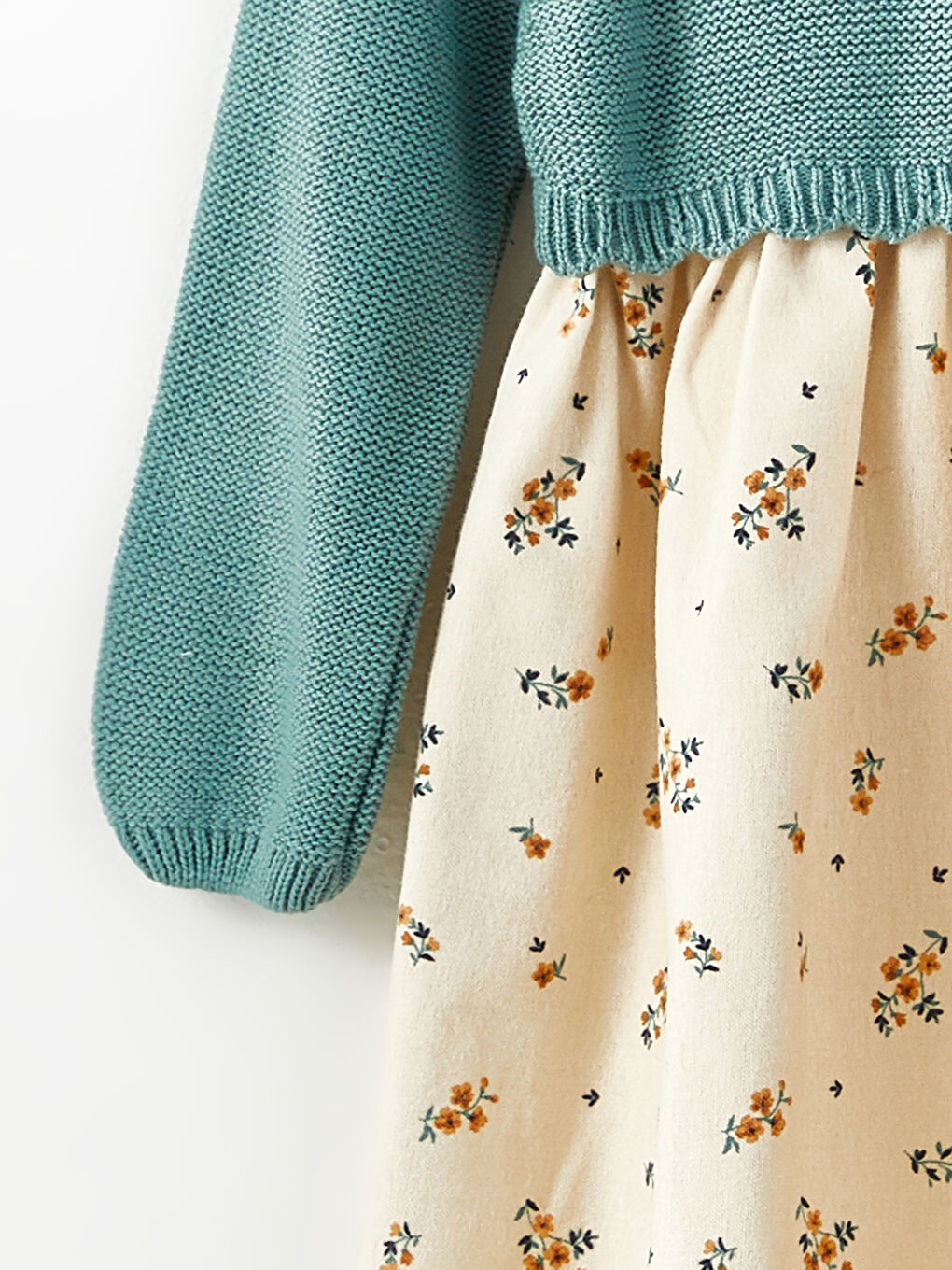 Yeşil Bisiklet Yaka Uzun Kollu Pamuklu Kız Bebek Elbise-1