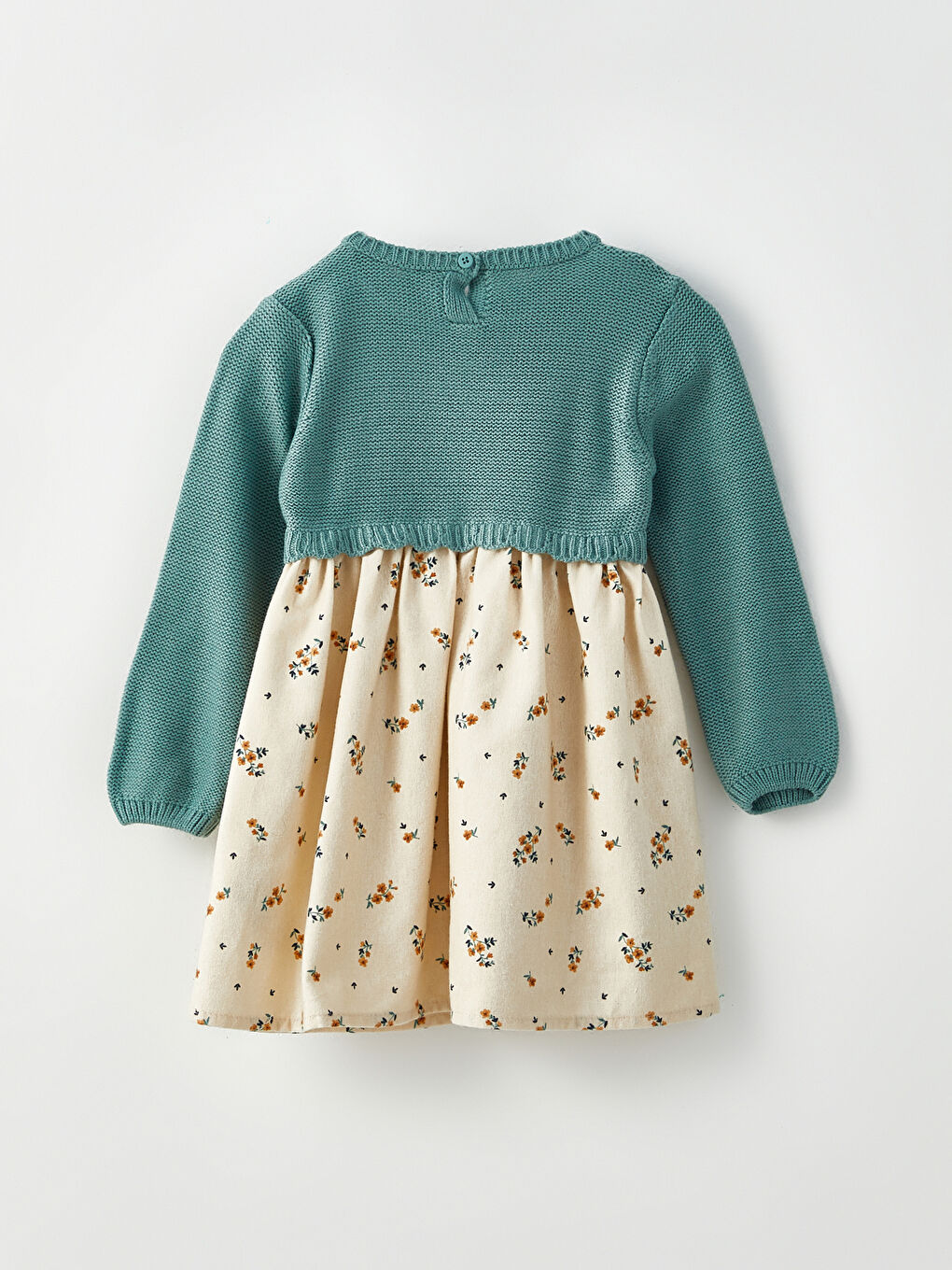 Yeşil Bisiklet Yaka Uzun Kollu Pamuklu Kız Bebek Elbise-2