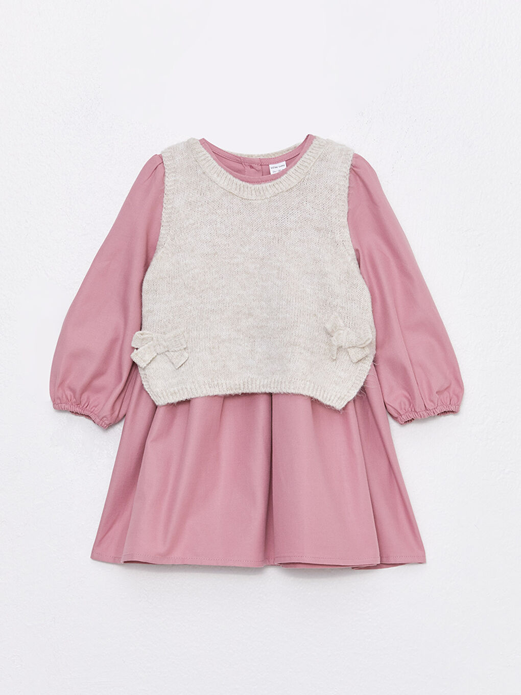 Ekru Bisiklet Yaka Uzun Kollu Kız Bebek Elbise ve Süveter 2'li Takım