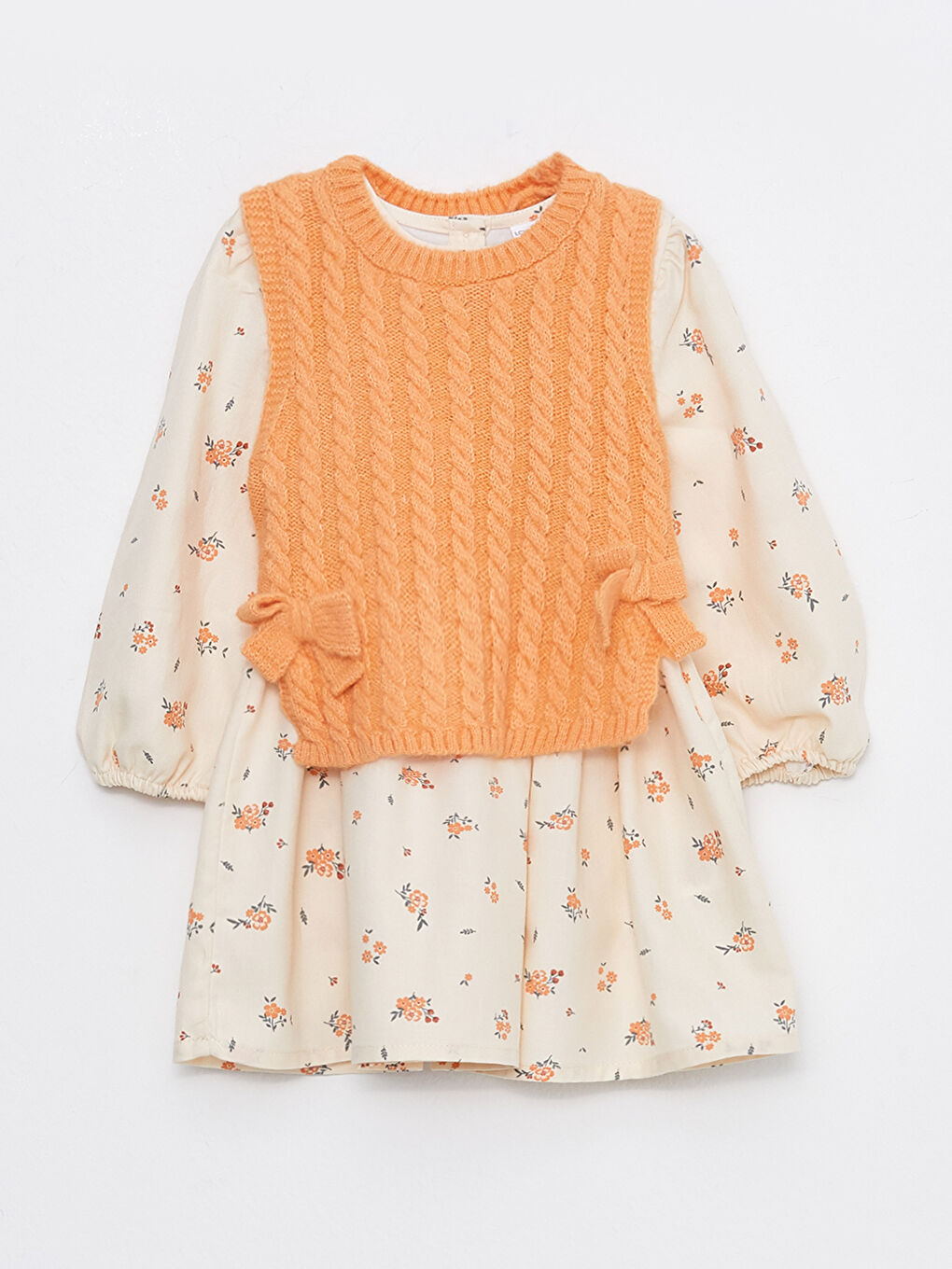 Mercan Bisiklet Yaka Uzun Kollu Kız Bebek Elbise ve Süveter 2'li Takım