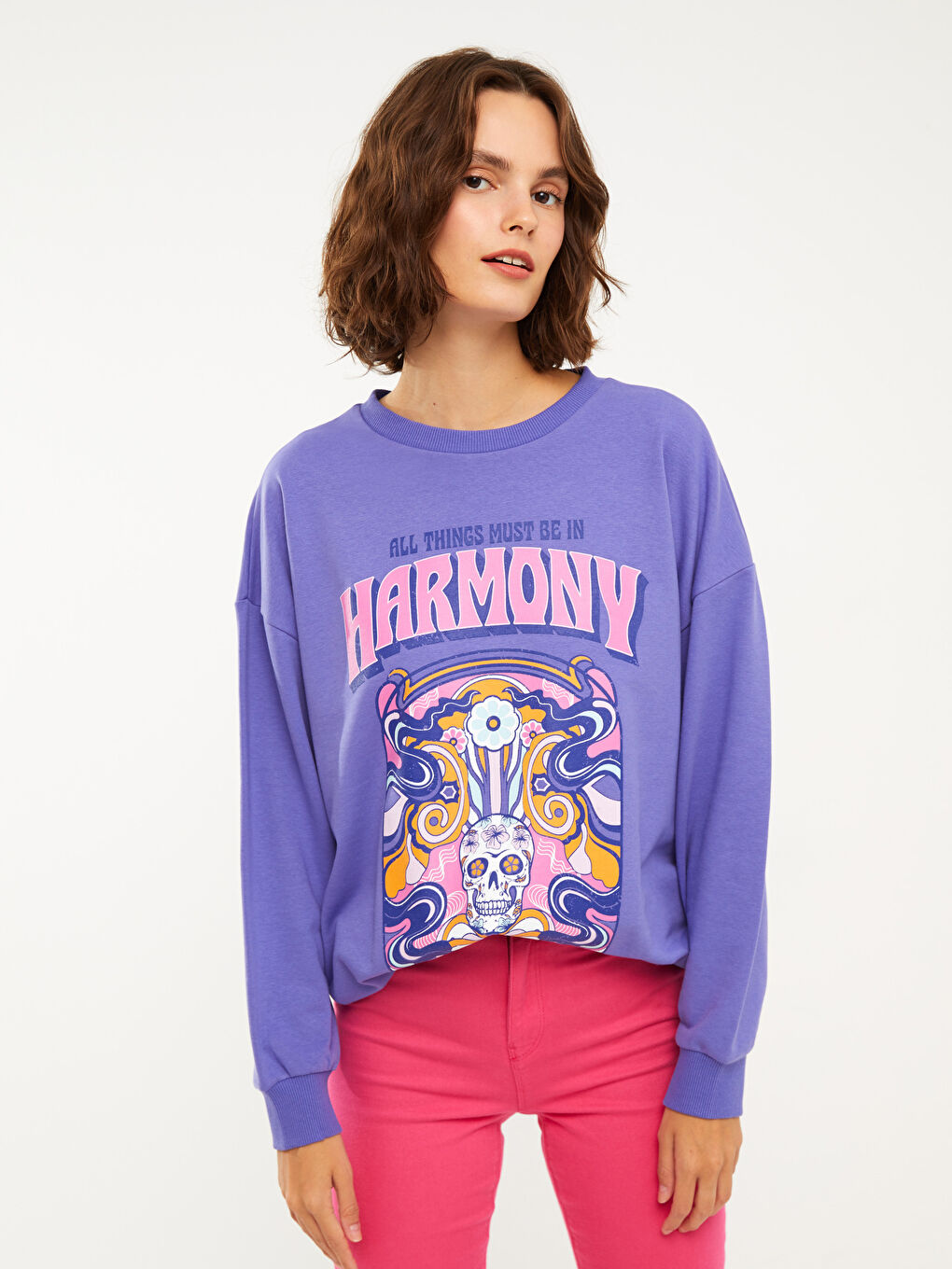 Mor Bisiklet Yaka Baskılı Uzun Kollu Kadın Sweatshirt