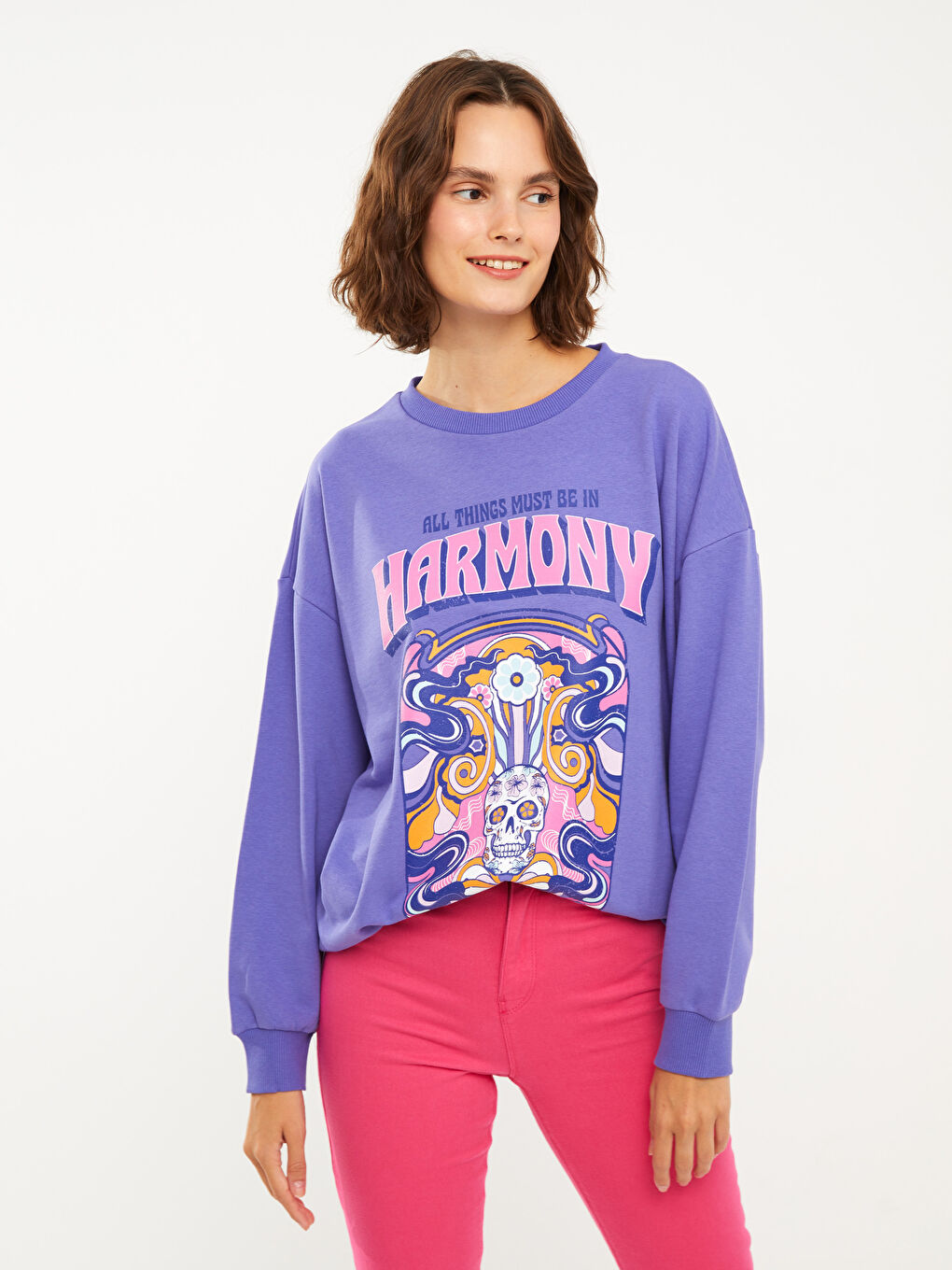 Mor Bisiklet Yaka Baskılı Uzun Kollu Kadın Sweatshirt-1