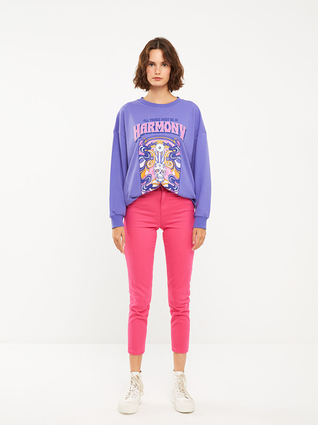 Mor Bisiklet Yaka Baskılı Uzun Kollu Kadın Sweatshirt-2