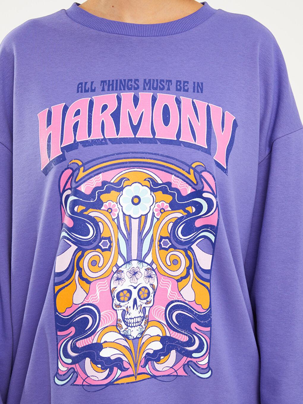 Mor Bisiklet Yaka Baskılı Uzun Kollu Kadın Sweatshirt-3