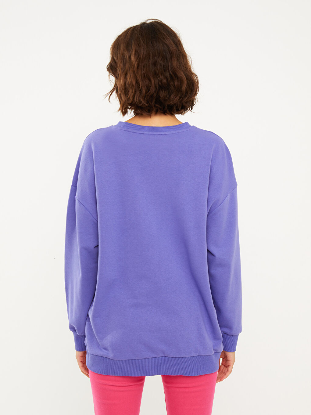 Mor Bisiklet Yaka Baskılı Uzun Kollu Kadın Sweatshirt-4