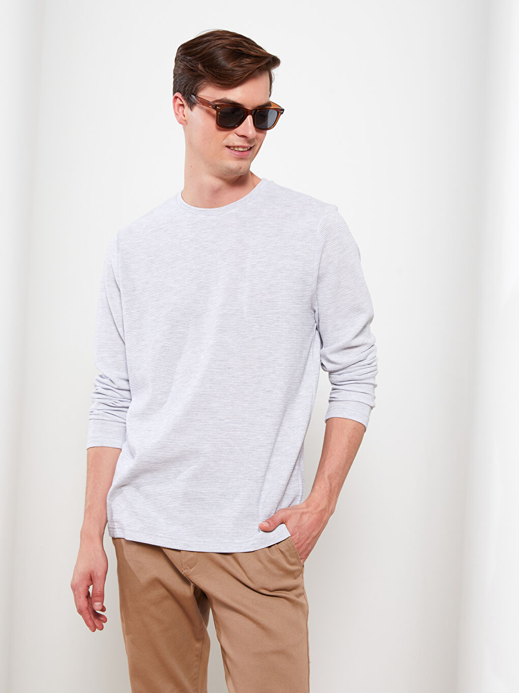 Bej Bisiklet Yaka Uzun Kollu Erkek Tişört