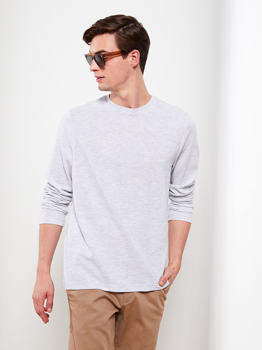 Bej Bisiklet Yaka Uzun Kollu Erkek Tişört-1