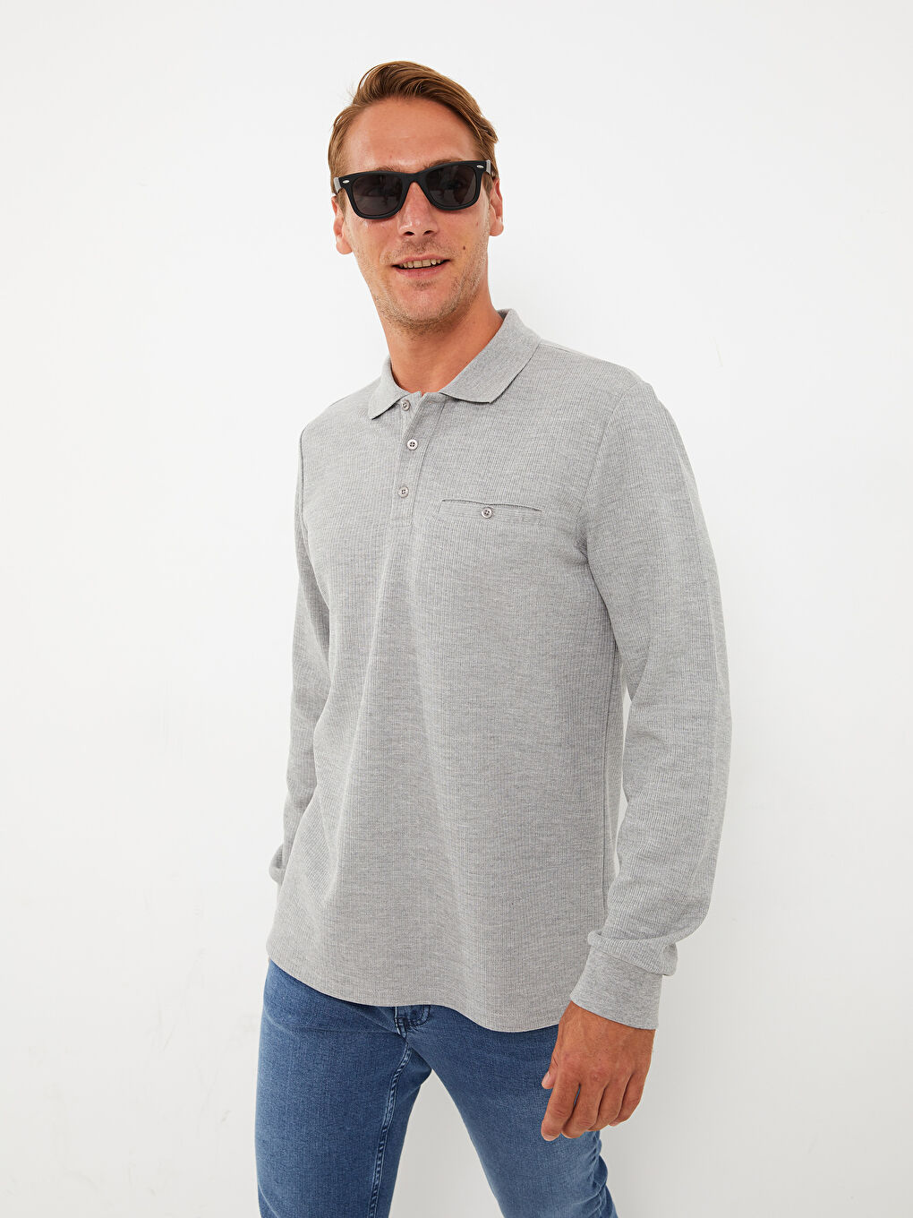 Gri Polo Yaka Uzun Kollu Erkek Tişört