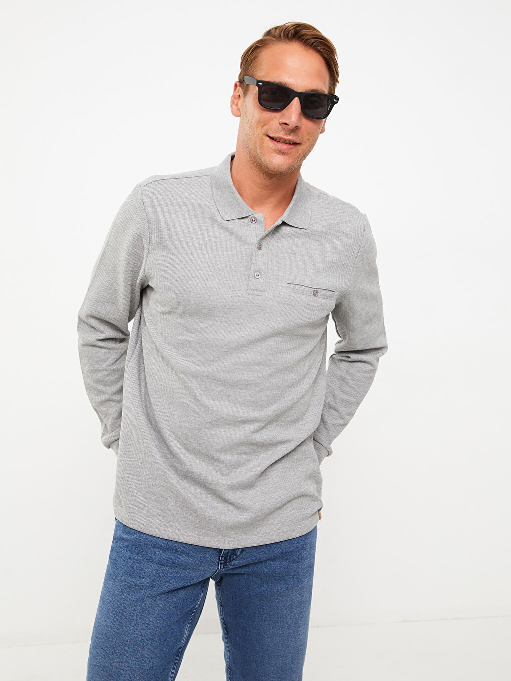 Gri Polo Yaka Uzun Kollu Erkek Tişört-1