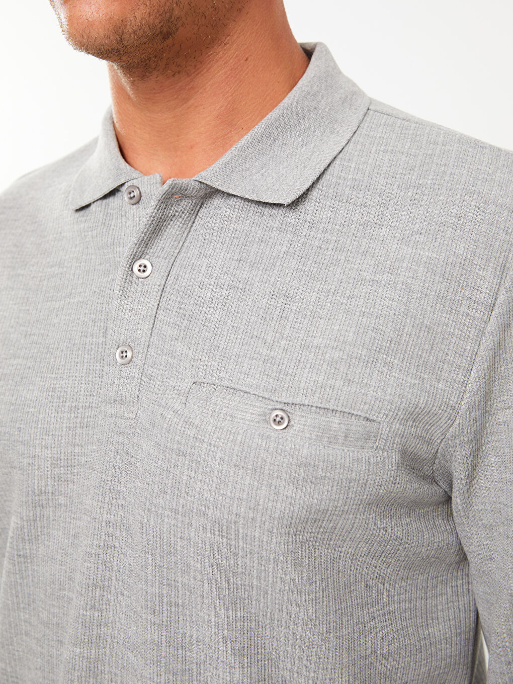 Gri Polo Yaka Uzun Kollu Erkek Tişört-3