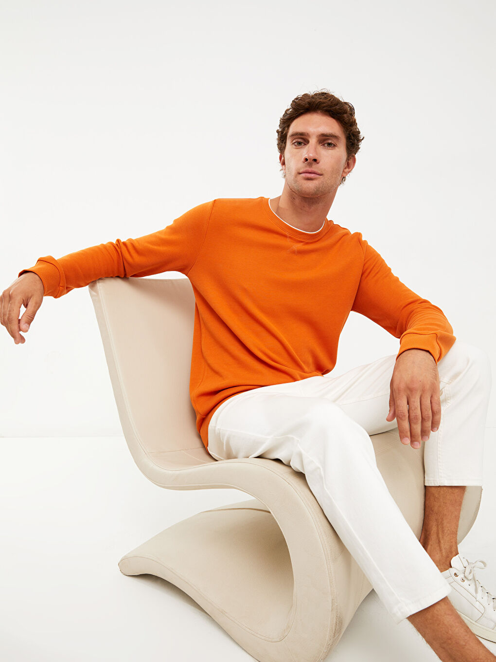 Turuncu Bisiklet Yaka Uzun Kollu Erkek Sweatshirt