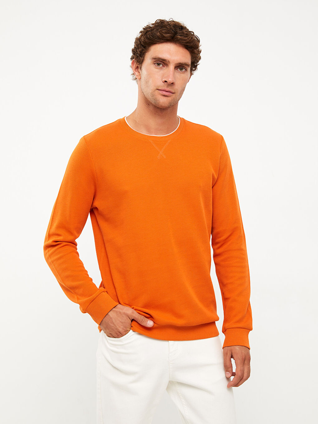 Turuncu Bisiklet Yaka Uzun Kollu Erkek Sweatshirt-1